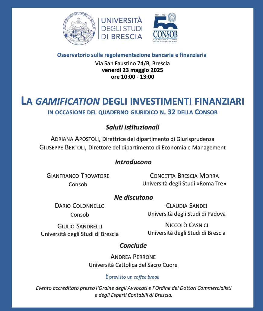 La gamification degli investimenti finanziari, in occasione del Quaderno Giuridico n. 32 della Consob